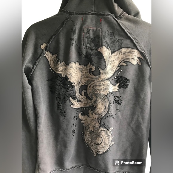 MM UNPLUGGED BEADED RHINESTONE EMBELLISHED GRAPHIC ZIP UP HOODIE - Picture 1 of 12